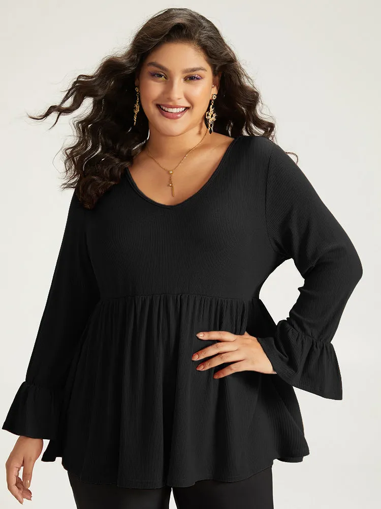 Halloween Plain V Neck Gathered Ruffle Sleeve T-shirt sold by Bloomchic