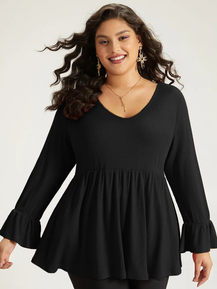 Halloween Plain V Neck Gathered Ruffle Sleeve T-shirt sold by Bloomchic product image thumbnail 4