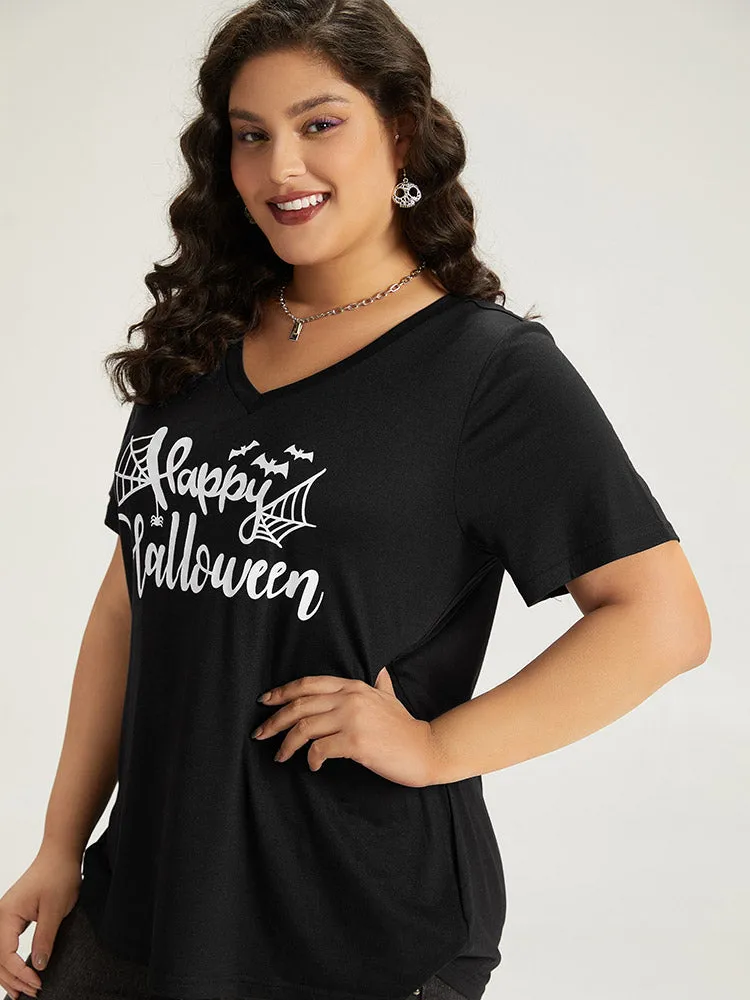 Halloween Letter Print V Neck T-shirt sold by Bloomchic product image thumbnail 4