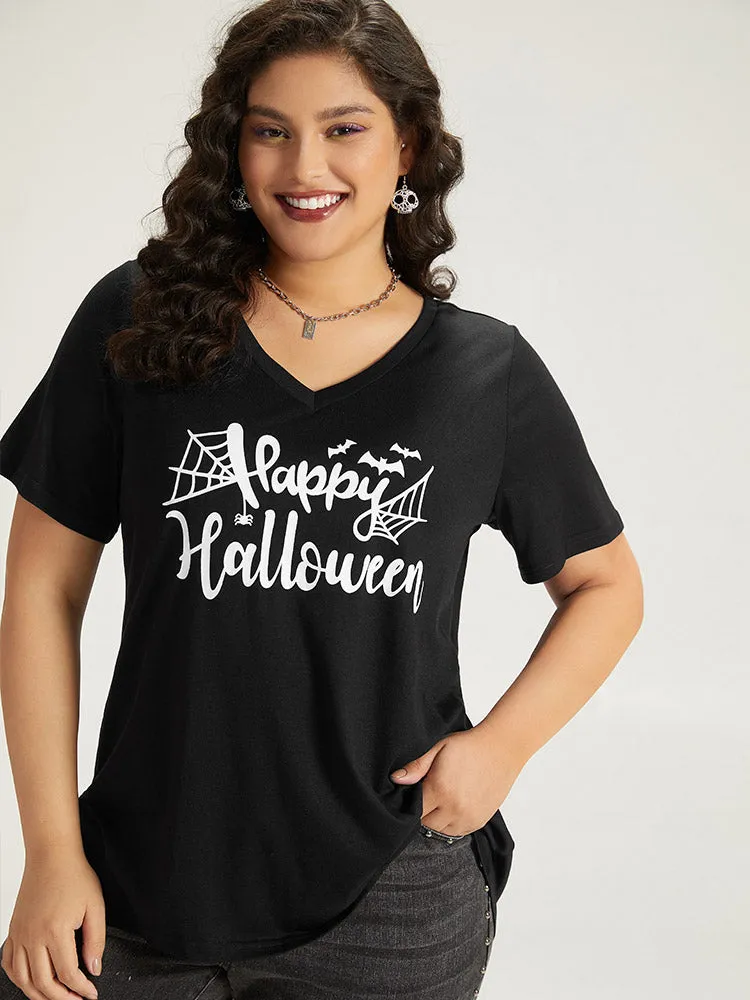 Halloween Letter Print V Neck T-shirt sold by Bloomchic