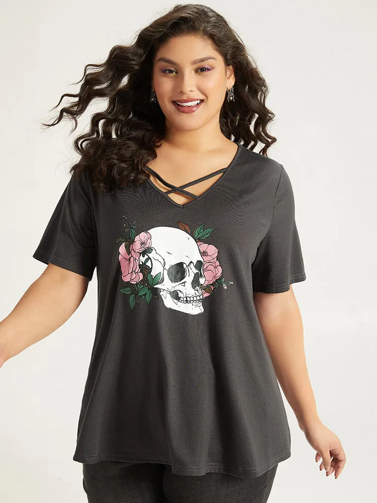 Halloween Skull Print Crisscross V Neck T-shirt sold by Bloomchic product image thumbnail 4