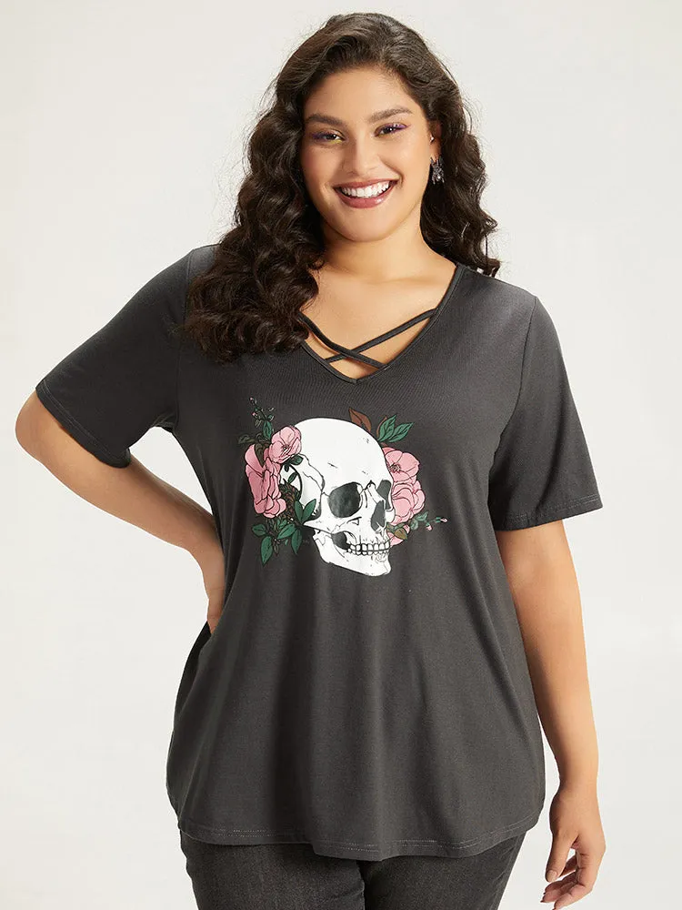 Halloween Skull Print Crisscross V Neck T-shirt sold by Bloomchic