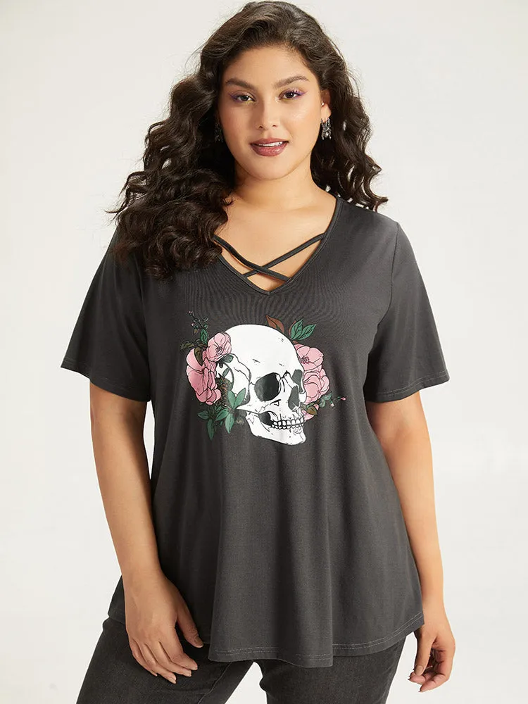 Halloween Skull Print Crisscross V Neck T-shirt sold by Bloomchic product image thumbnail 5