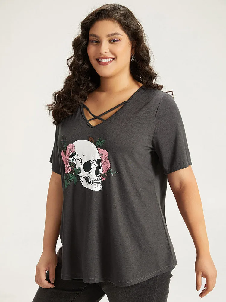 Halloween Skull Print Crisscross V Neck T-shirt sold by Bloomchic product image thumbnail 3
