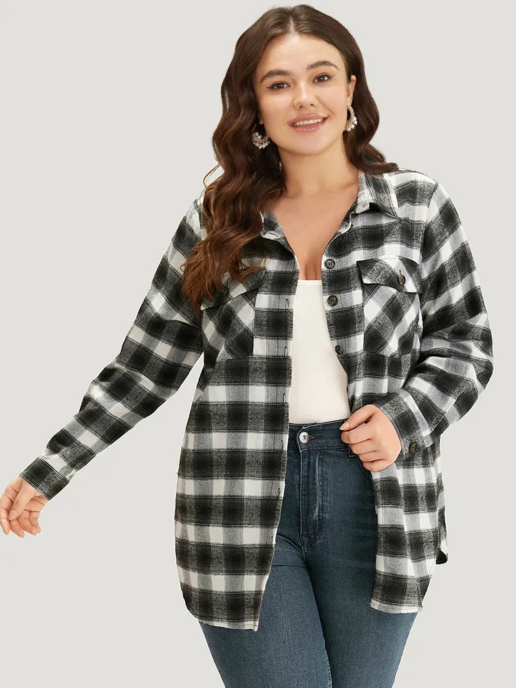 Plaid Arc Hem Pocket Button Through Shirt Collar Coat sold by Bloomchic