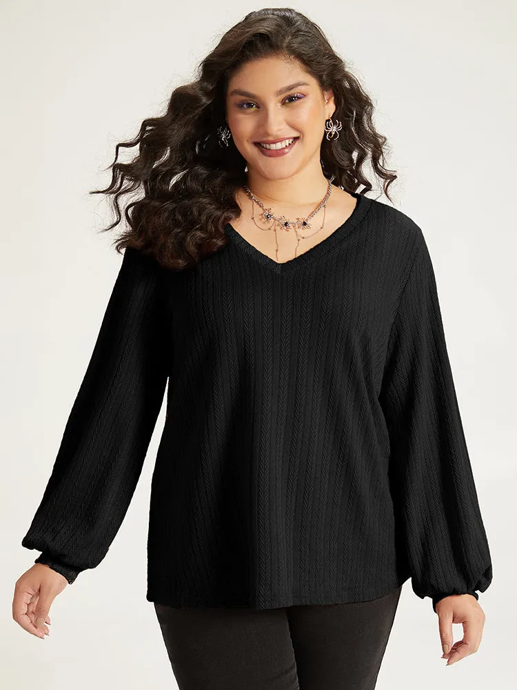 Halloween Plain Elastic Cuffs V Neck Texture Lantern Sleeve Sweatshirt sold by Bloomchic product image thumbnail 2