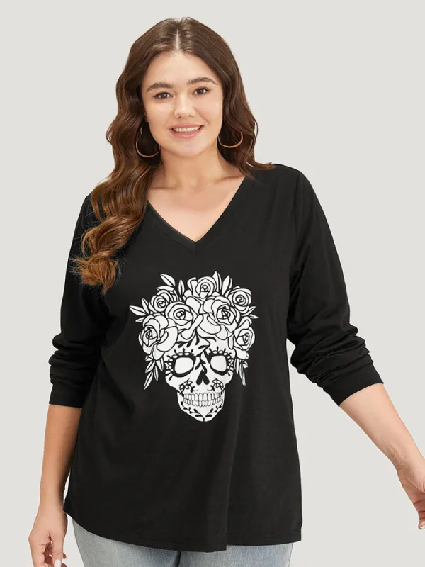 Skull Print V Neck T-shirt sold by Bloomchic