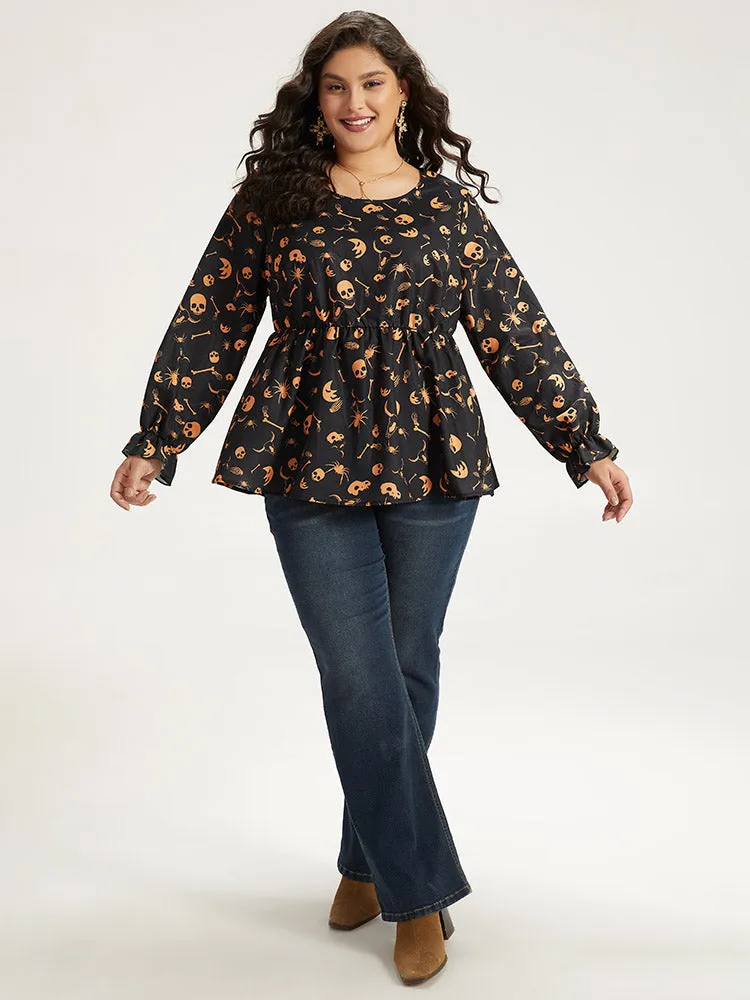 Halloween Print Elastic Waist Crew Neck Lantern Sleeve Blouse sold by Bloomchic product image thumbnail 4