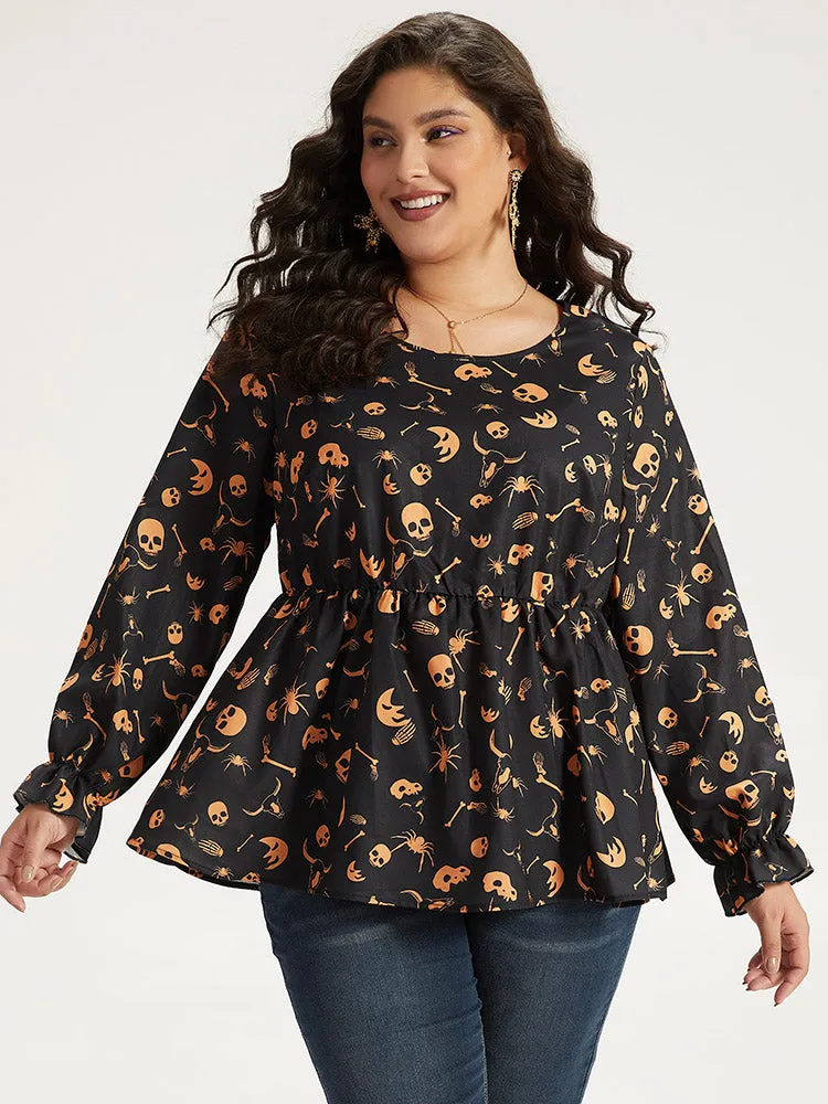 Halloween Print Elastic Waist Crew Neck Lantern Sleeve Blouse sold by Bloomchic