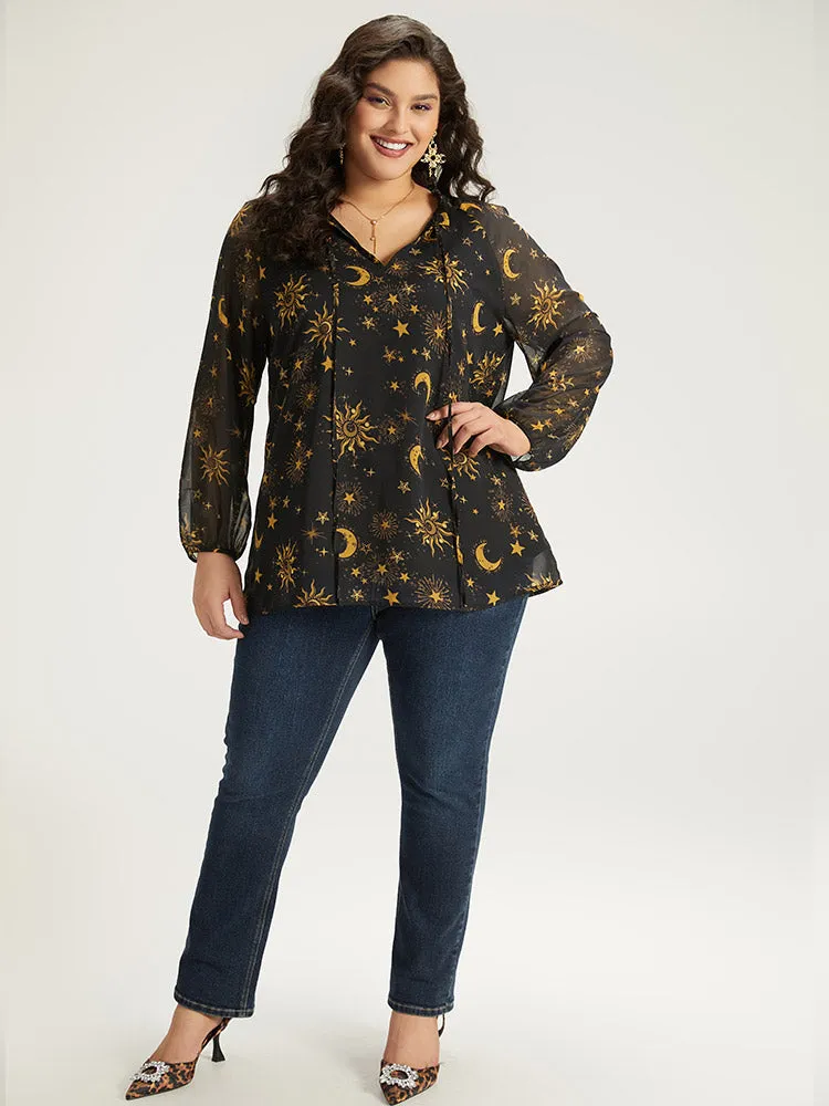 Halloween Moon & Star Print Tie Neck Mesh Lantern Sleeve Blouse sold by Bloomchic product image thumbnail 5