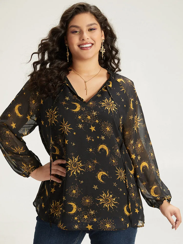 Halloween Moon & Star Print Tie Neck Mesh Lantern Sleeve Blouse sold by Bloomchic product image thumbnail 2