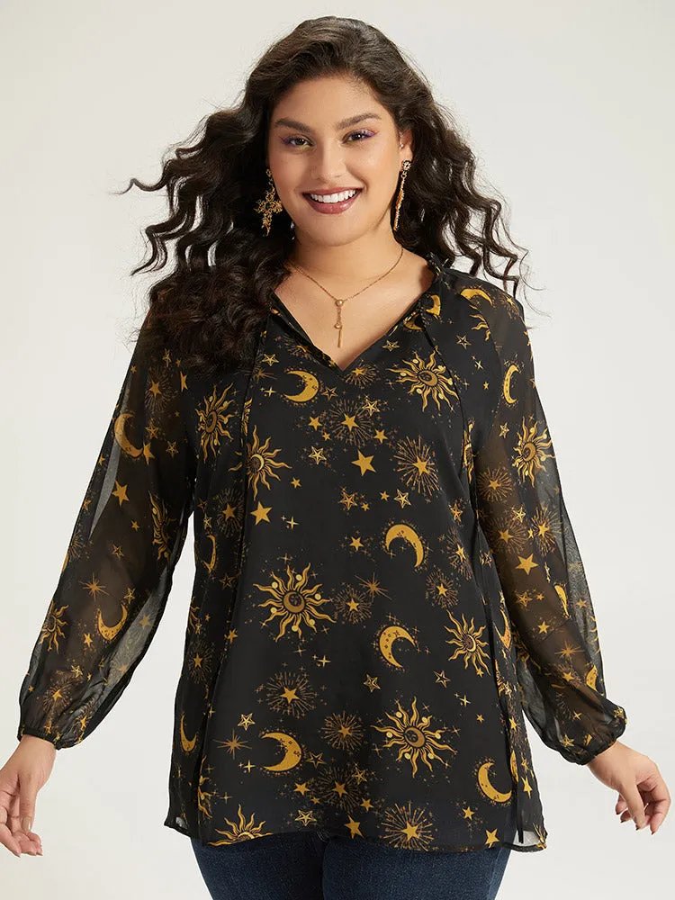 Halloween Moon & Star Print Tie Neck Mesh Lantern Sleeve Blouse sold by Bloomchic product image thumbnail 4