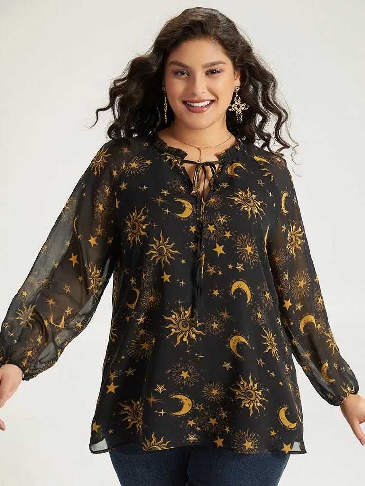 Halloween Moon & Star Print Tie Neck Mesh Lantern Sleeve Blouse sold by Bloomchic