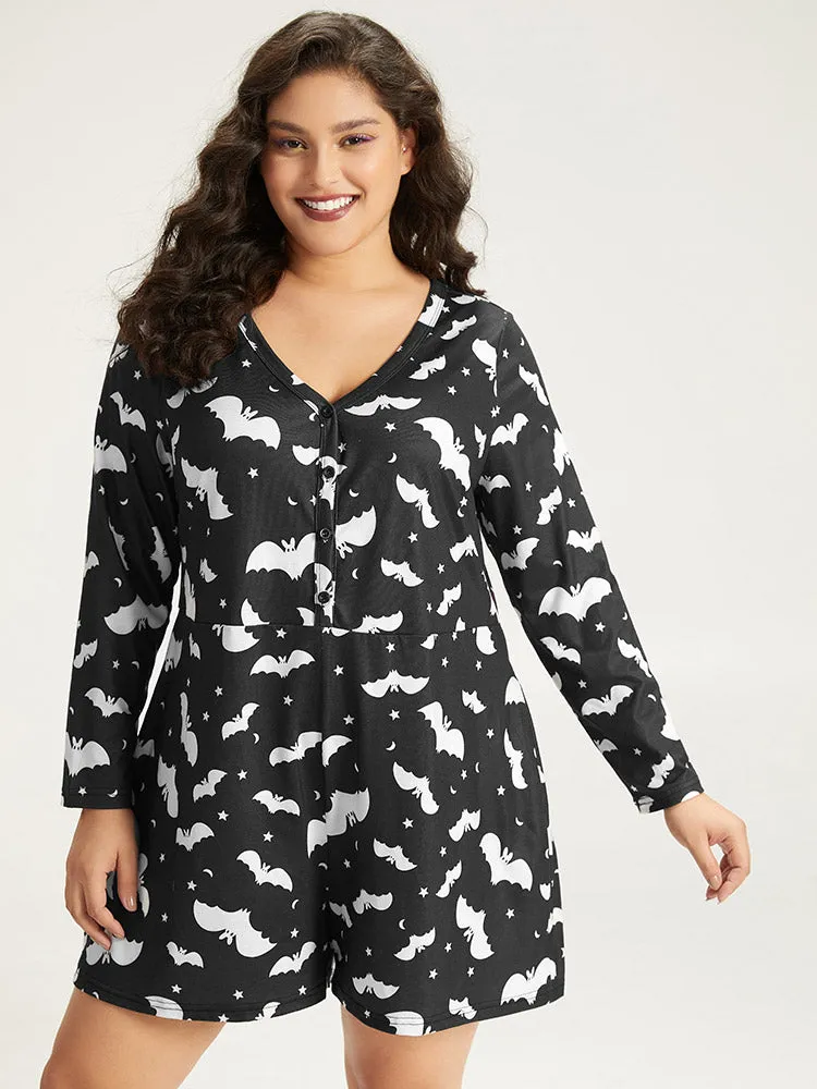 Halloween Bat Print Pocket Button Up Sleep Jumpsuit sold by Bloomchic