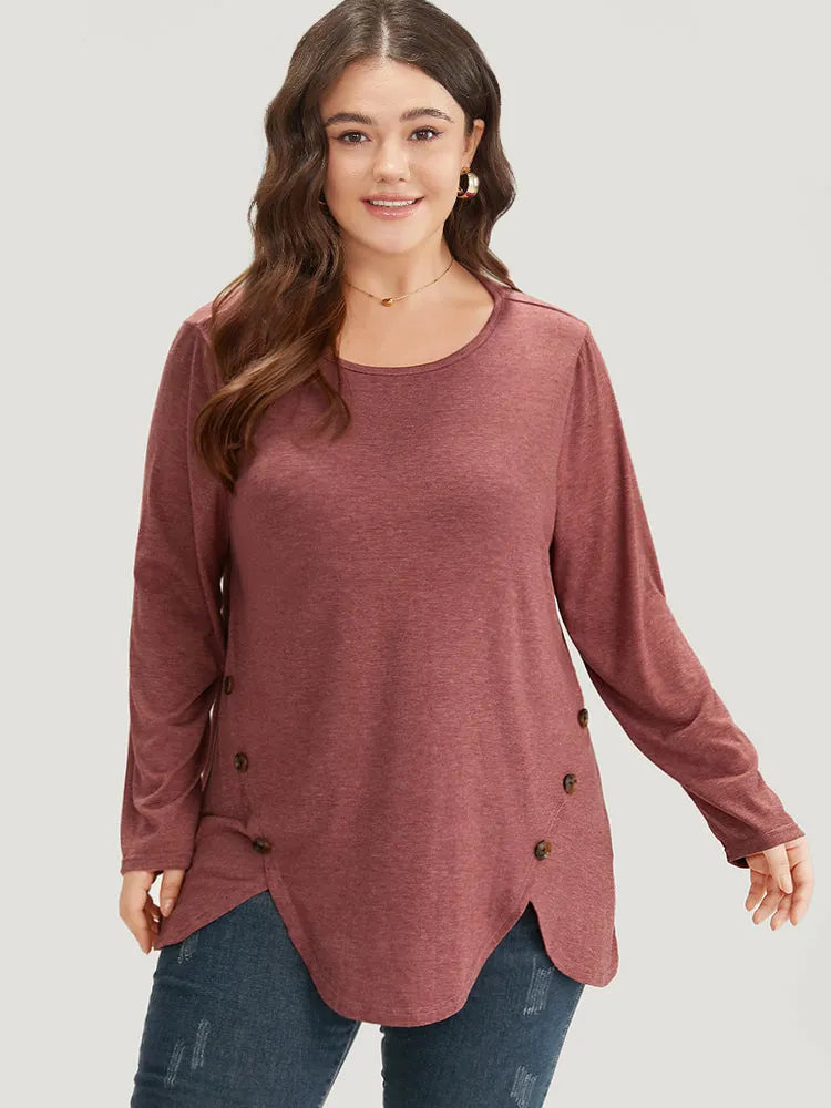 Plain Round Neck Button Detail T-shirt sold by Bloomchic