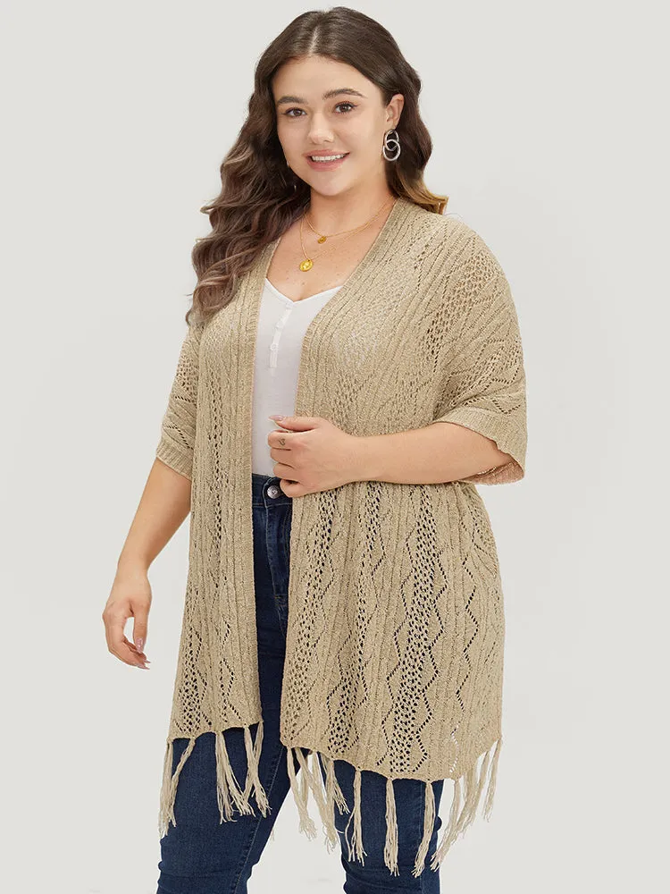 Solid Fringe Trim Geometric Eyelet Batwing Sleeve Cardigan sold by Bloomchic product image thumbnail 3