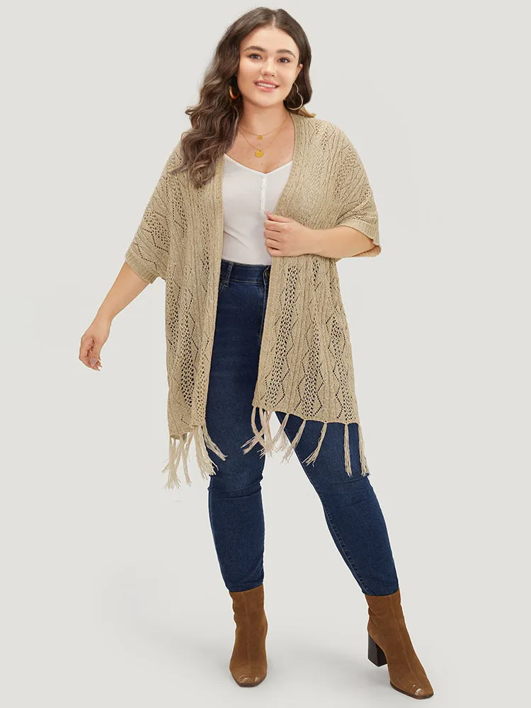 Solid Fringe Trim Geometric Eyelet Batwing Sleeve Cardigan sold by Bloomchic product image thumbnail 4