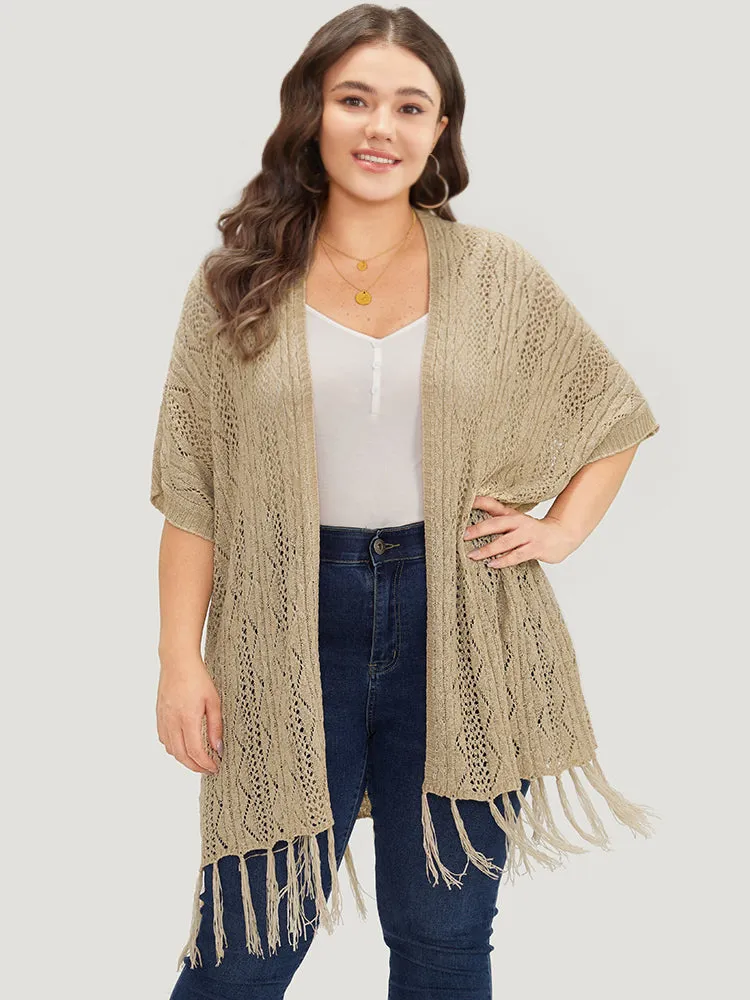Solid Fringe Trim Geometric Eyelet Batwing Sleeve Cardigan sold by Bloomchic