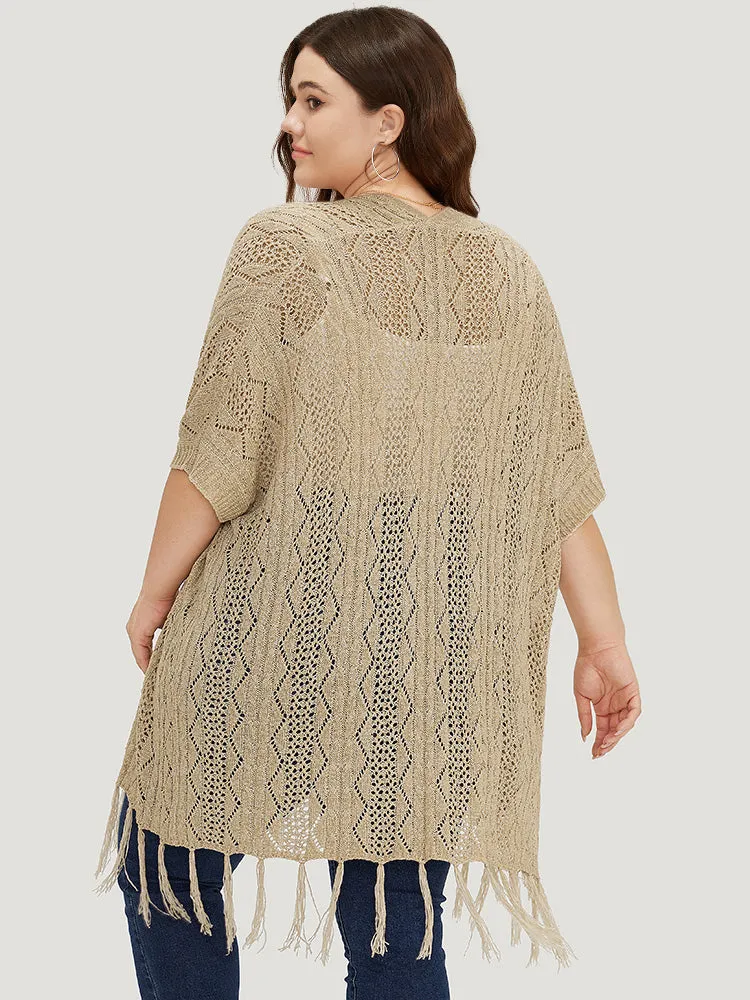 Solid Fringe Trim Geometric Eyelet Batwing Sleeve Cardigan sold by Bloomchic product image thumbnail 2