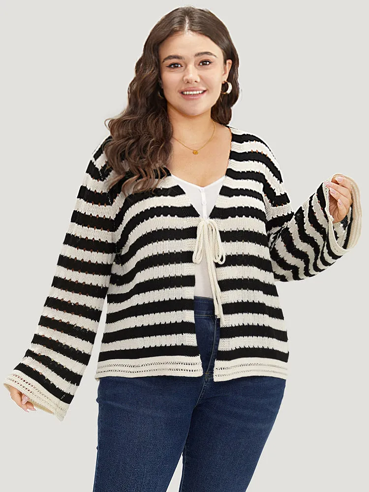 Striped Ties Front Eyelet Lace Cardigan sold by Bloomchic