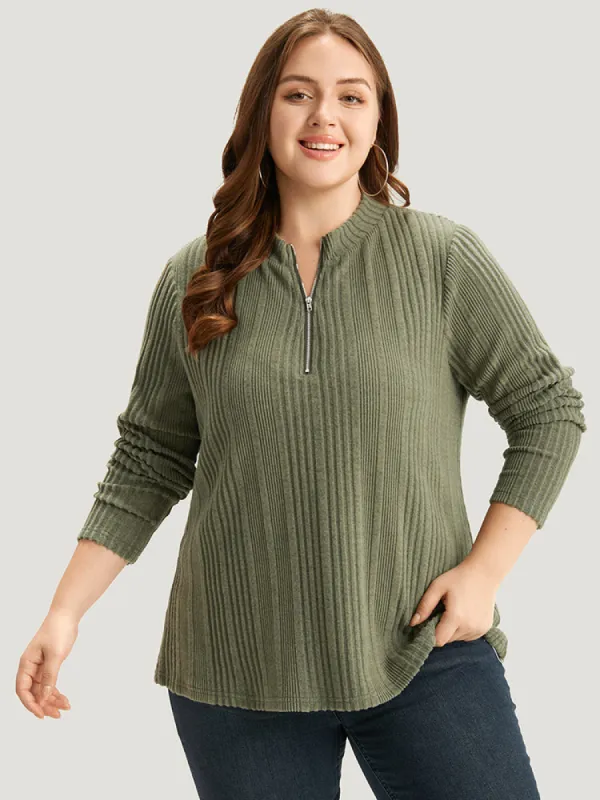 Plain Rib Knit Half Zip T-shirt sold by Bloomchic