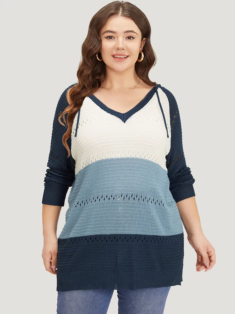 Colorblock Hooded Raglan Sleeve Eyelet Pullover sold by Bloomchic