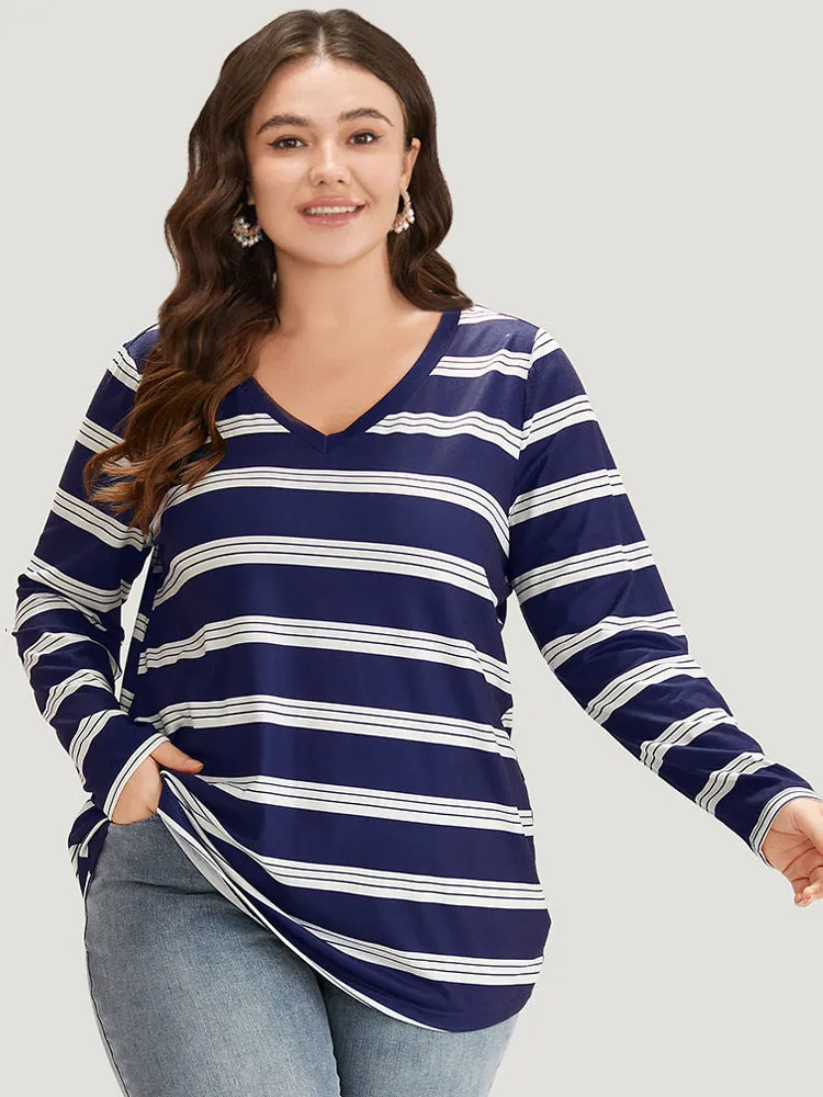 Striped Print V Neck T-shirt sold by Bloomchic