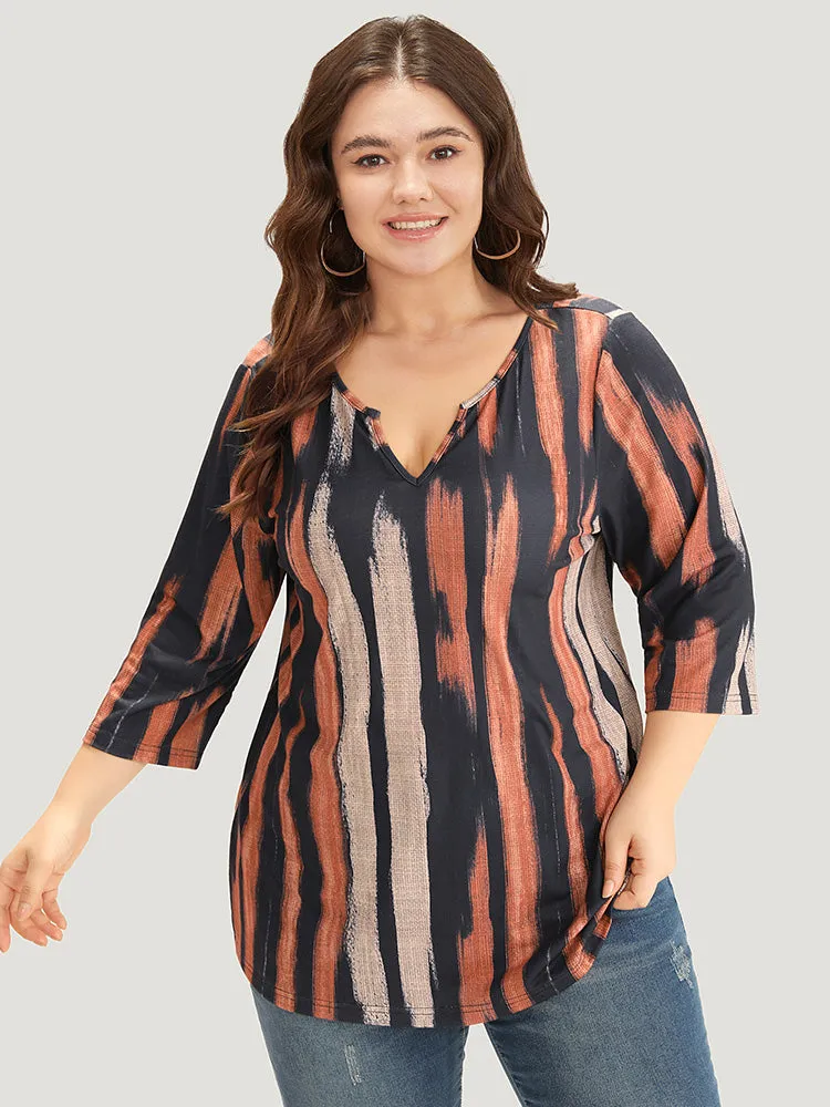 Brush Print Notched Three Quater Length Sleeve T-shirt sold by Bloomchic