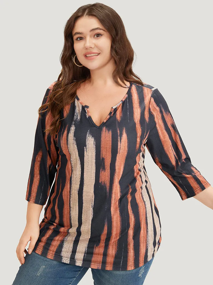 Brush Print Notched Three Quater Length Sleeve T-shirt sold by Bloomchic product image thumbnail 5