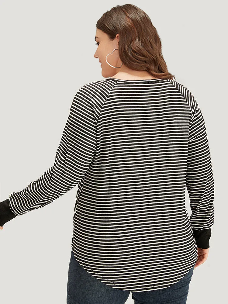 Striped Button Up Curved Hem Patchwork T-shirt sold by Bloomchic product image thumbnail 5