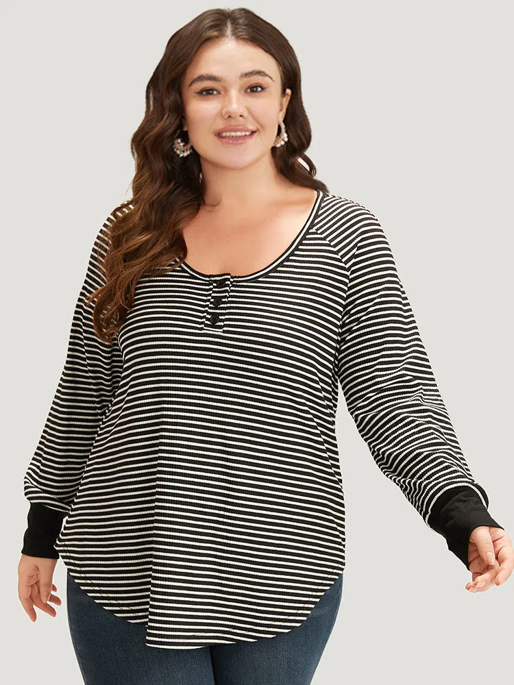 Striped Button Up Curved Hem Patchwork T-shirt sold by Bloomchic product image thumbnail 2