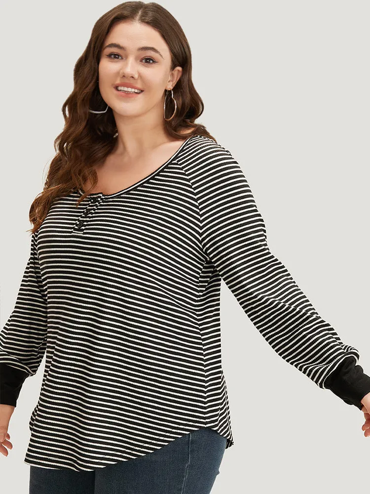 Striped Button Up Curved Hem Patchwork T-shirt sold by Bloomchic product image thumbnail 3