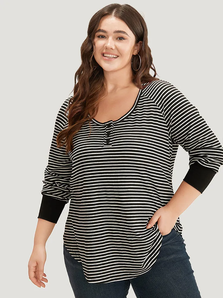 Striped Button Up Curved Hem Patchwork T-shirt sold by Bloomchic