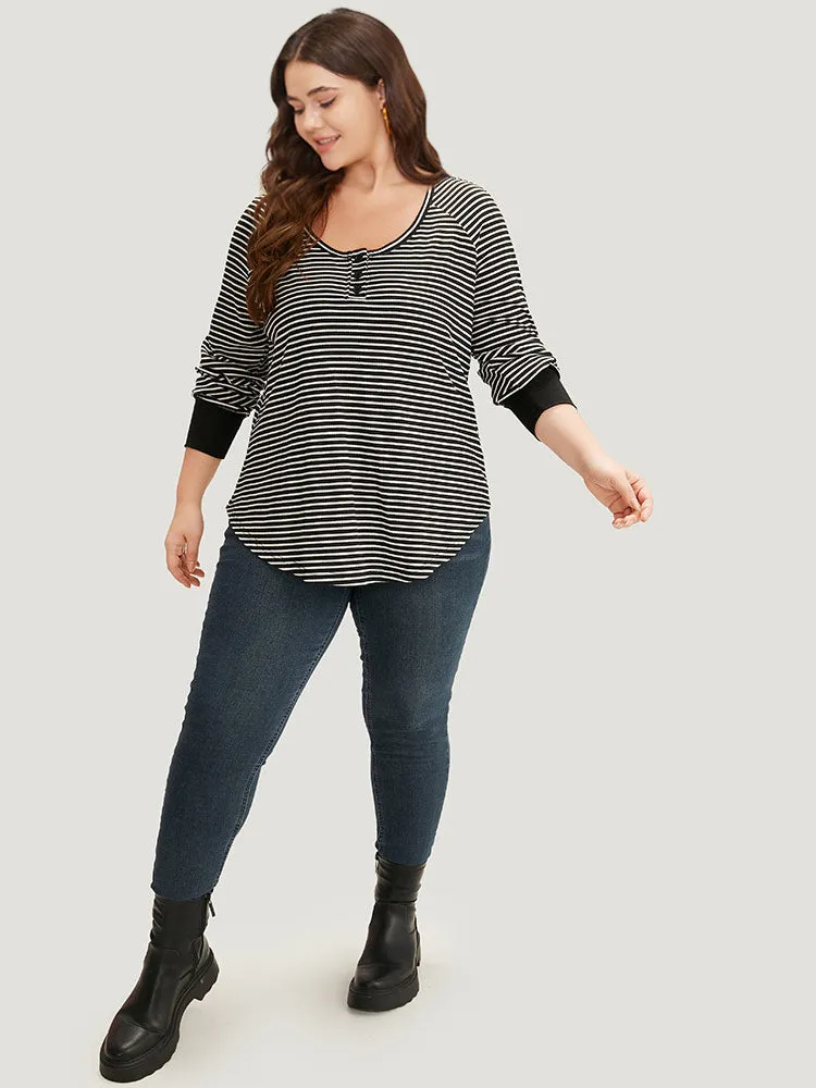 Striped Button Up Curved Hem Patchwork T-shirt sold by Bloomchic product image thumbnail 4