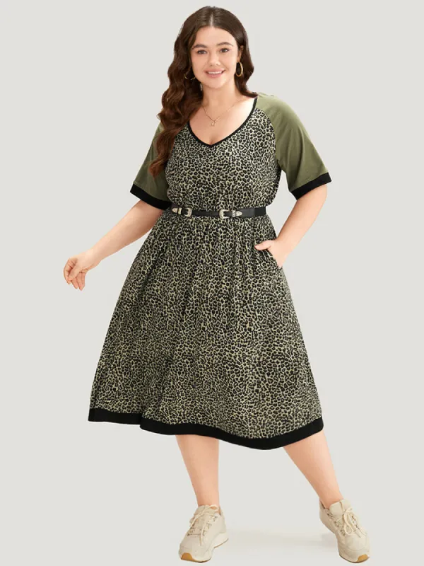Leopard Print Pocket Patchwork Gathered Contrast Trim Dress sold by Bloomchic