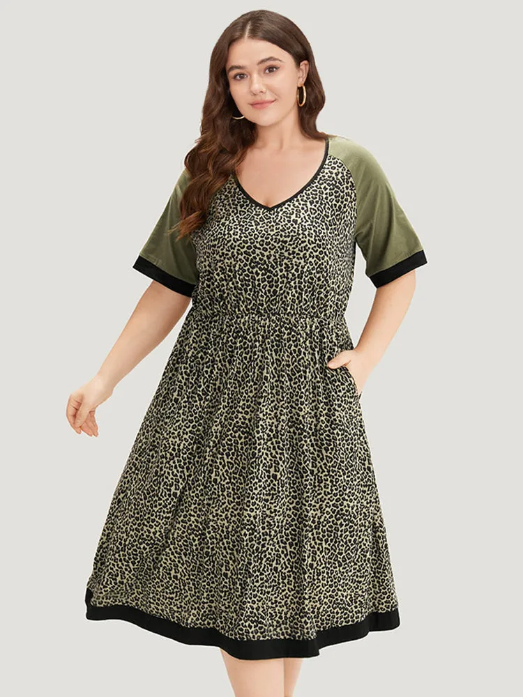 Leopard Print Pocket Patchwork Gathered Contrast Trim Dress sold by Bloomchic product image thumbnail 5