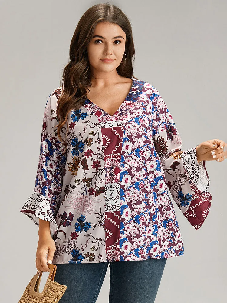 Bandana Print Patchwork Bell Sleeve Blouse sold by Bloomchic