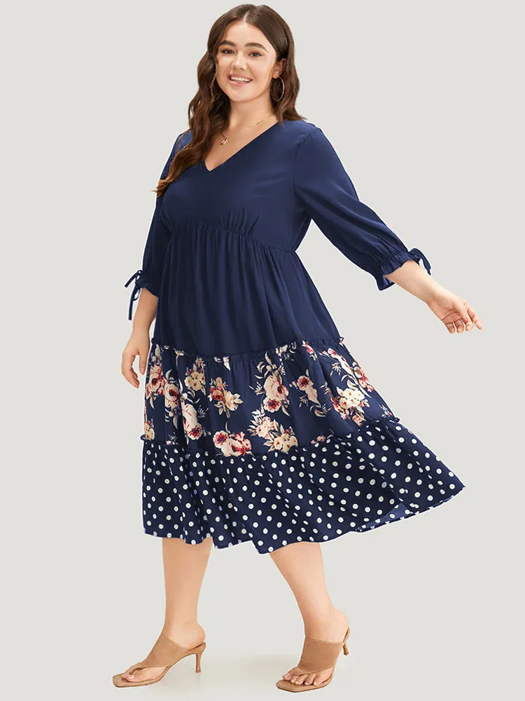 Polka Dot Patchwork Floral Knot Pocket Lantern Sleeve Dress sold by Bloomchic product image thumbnail 5