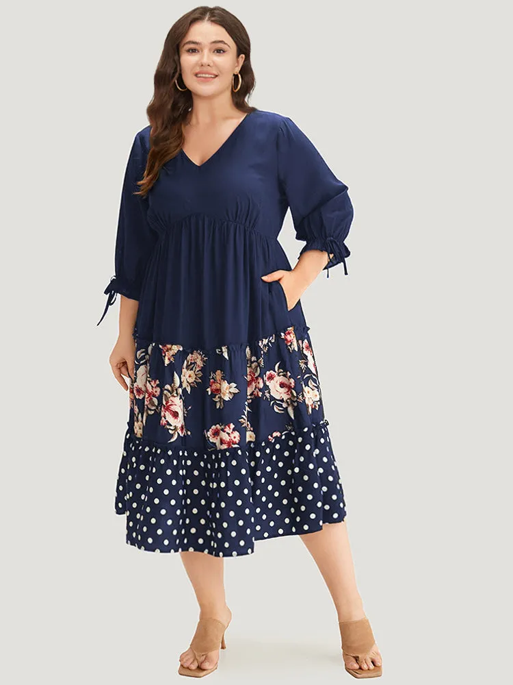 Polka Dot Patchwork Floral Knot Pocket Lantern Sleeve Dress sold by Bloomchic product image thumbnail 2