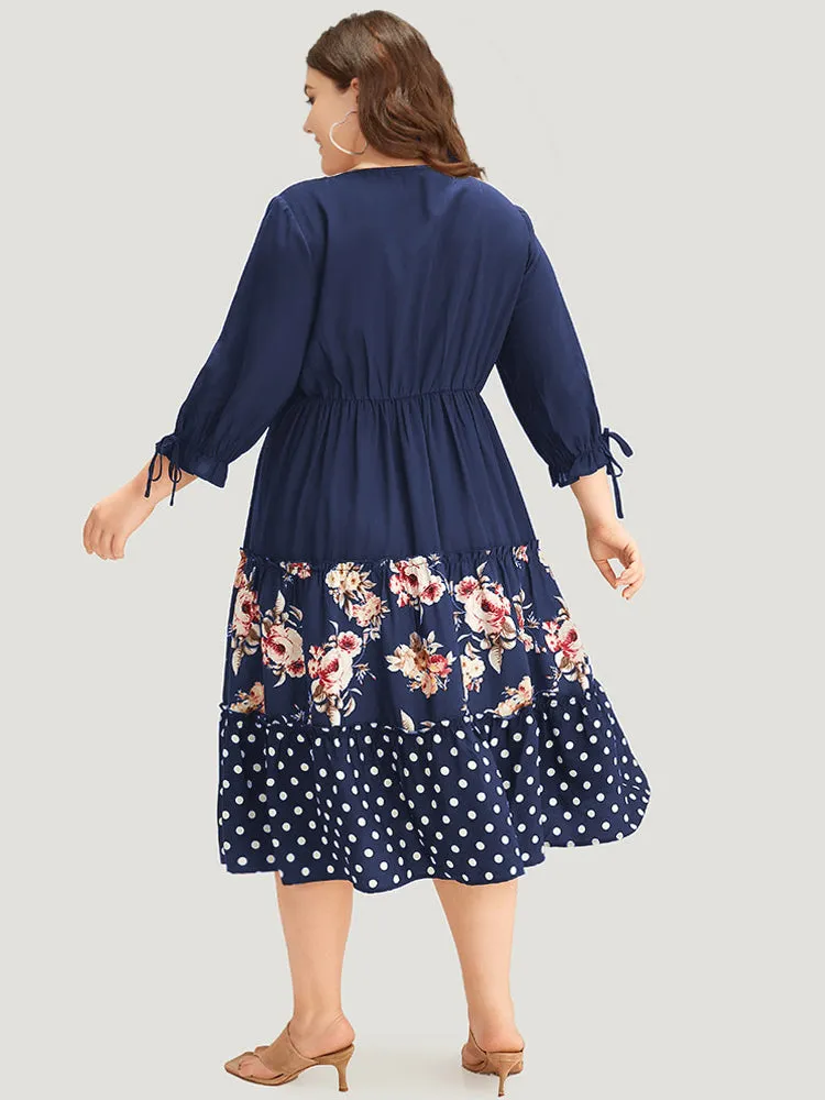 Polka Dot Patchwork Floral Knot Pocket Lantern Sleeve Dress sold by Bloomchic product image thumbnail 3