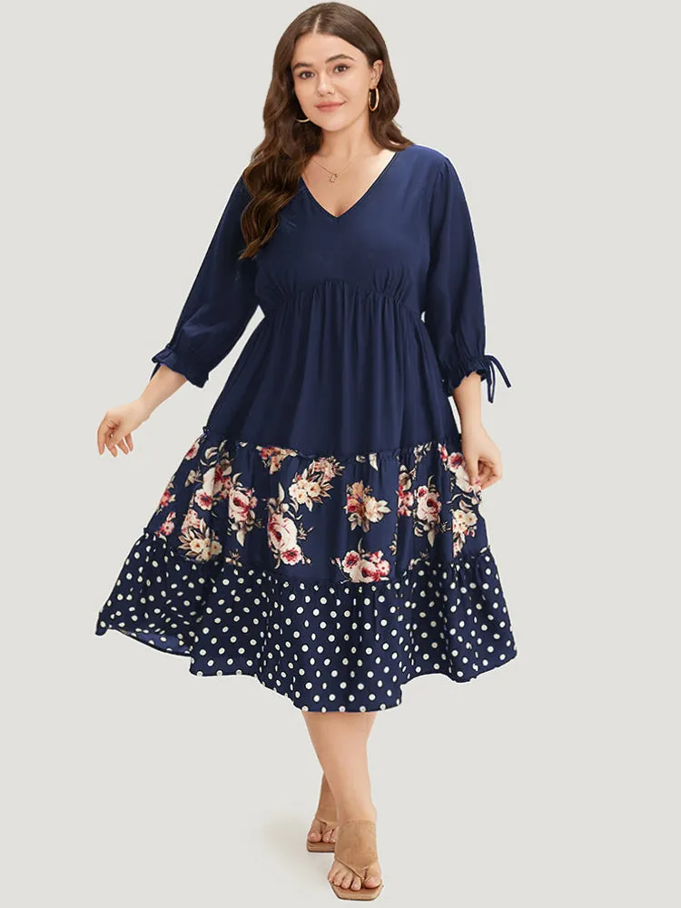 Polka Dot Patchwork Floral Knot Pocket Lantern Sleeve Dress sold by Bloomchic product image thumbnail 4