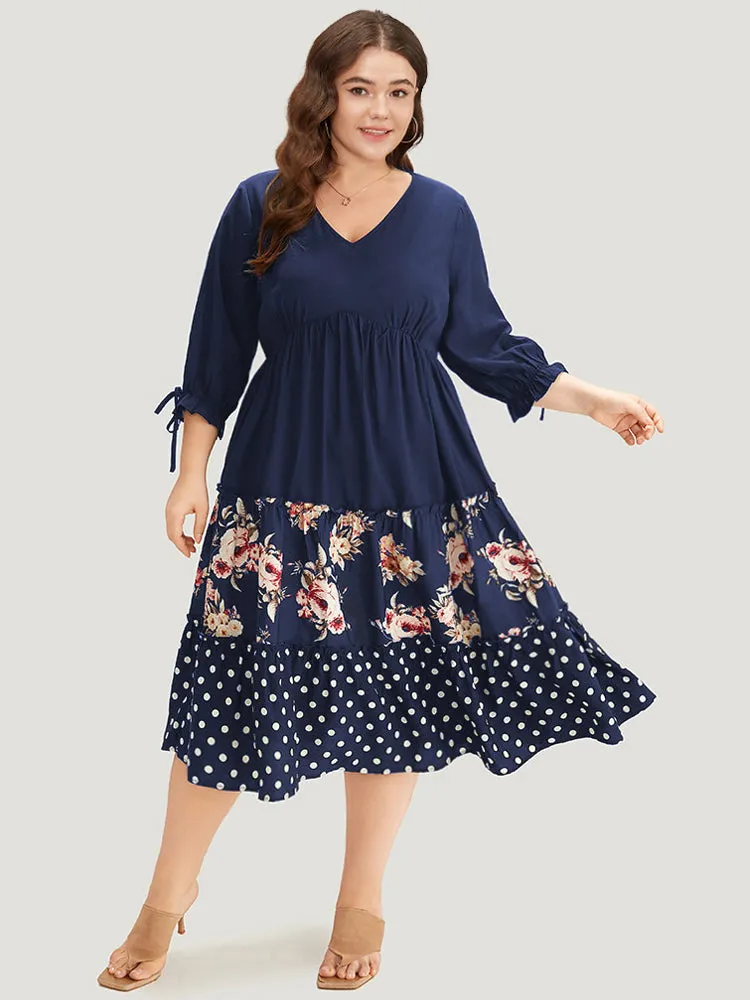 Polka Dot Patchwork Floral Knot Pocket Lantern Sleeve Dress sold by Bloomchic