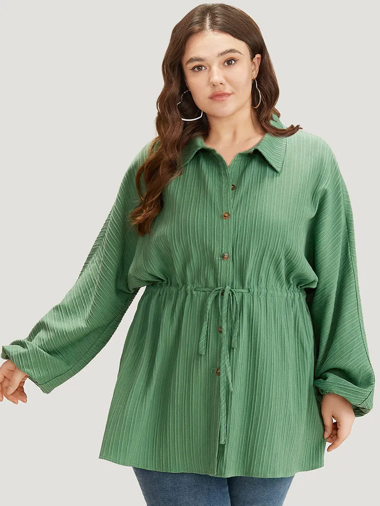 Plain Shirt Collar Drawstring Button Through Lantern Sleeve Coat sold by Bloomchic