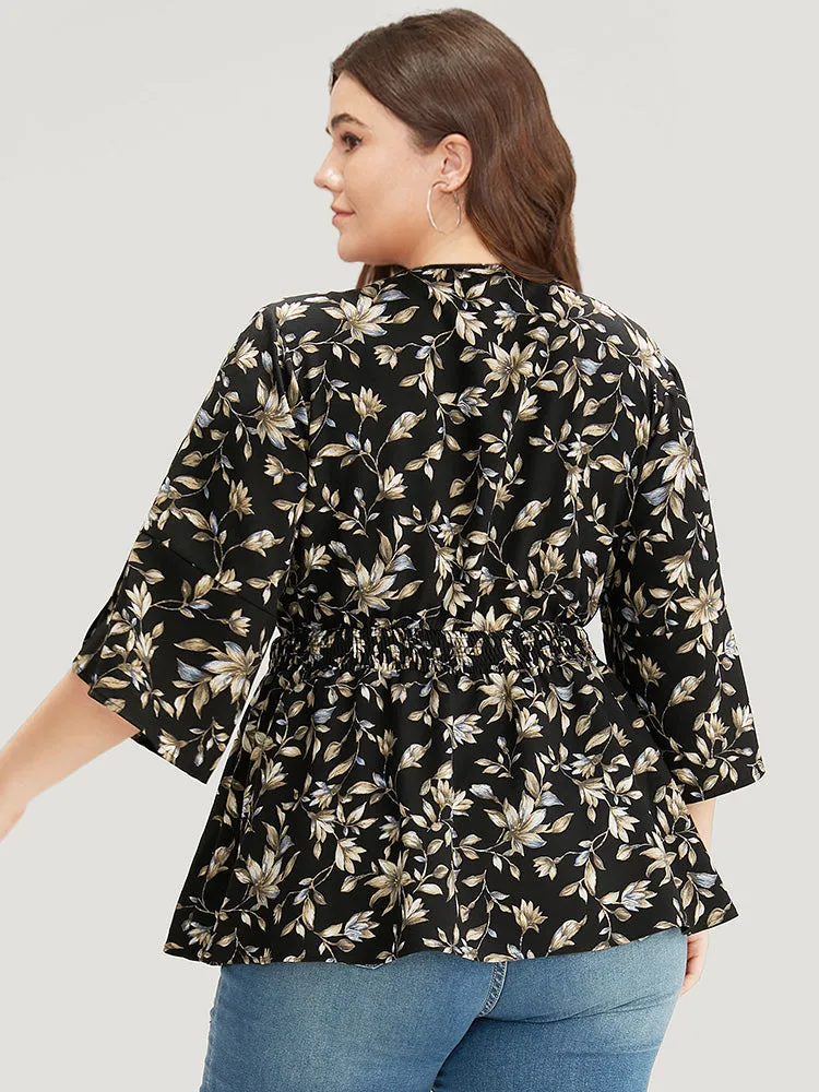Floral Print Shirred Button Detail V Neck Petal Sleeve Blouse sold by Bloomchic product image thumbnail 4