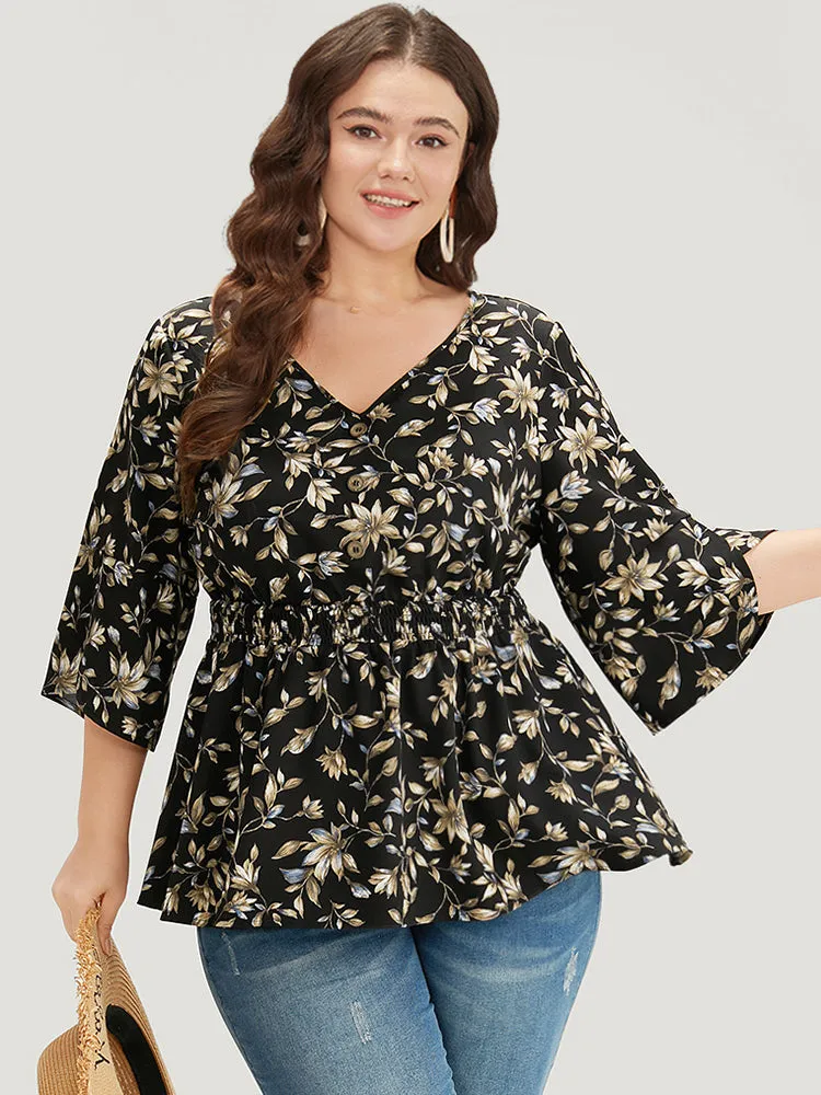 Floral Print Shirred Button Detail V Neck Petal Sleeve Blouse sold by Bloomchic