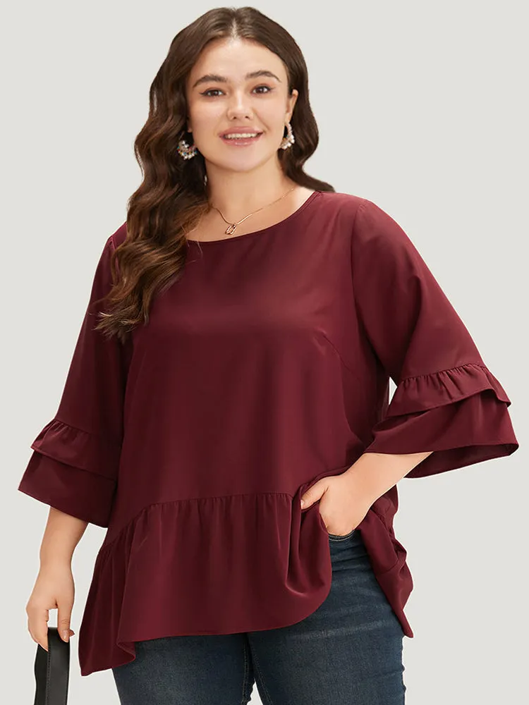 Anti-Wrinkle Plain Ruffle Layered Sleeve Crew Neck Blouse sold by Bloomchic product image thumbnail 2