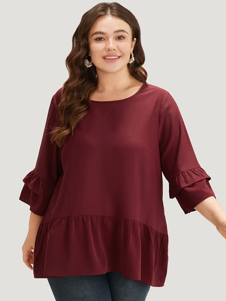 Anti-Wrinkle Plain Ruffle Layered Sleeve Crew Neck Blouse sold by Bloomchic