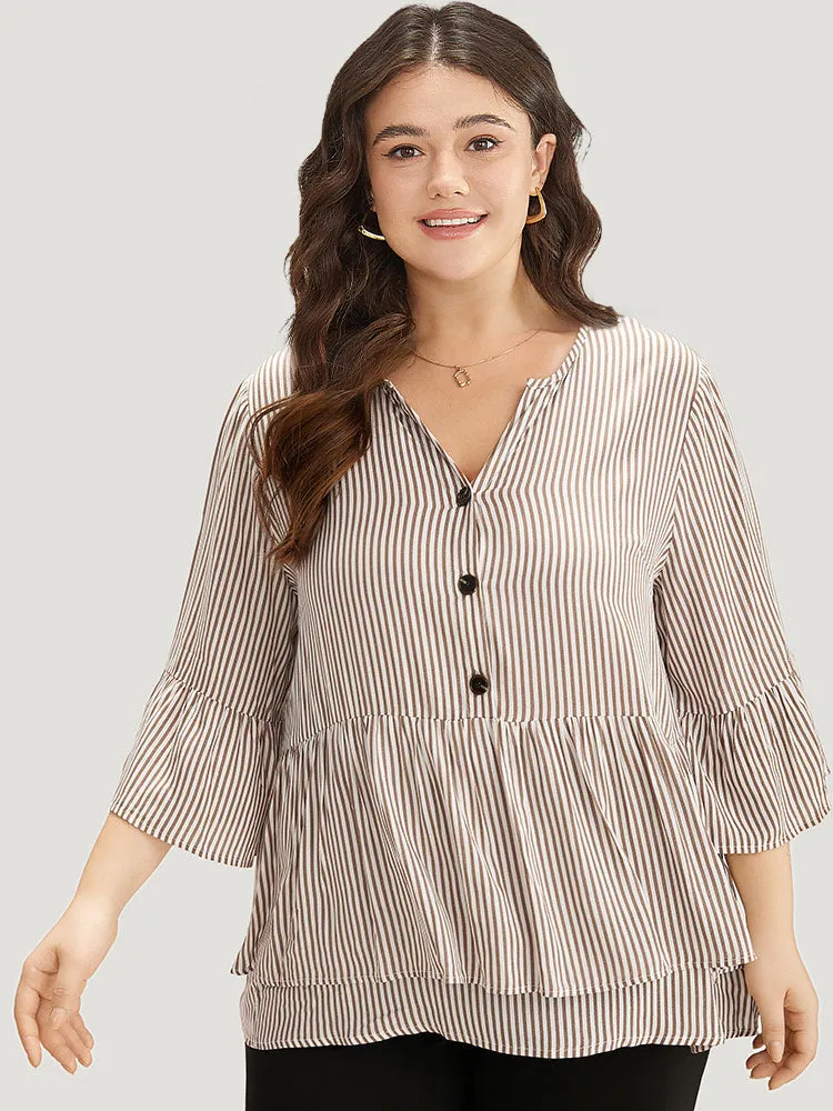 Striped Button Up Ruffles Bell Sleeve Blouse sold by Bloomchic