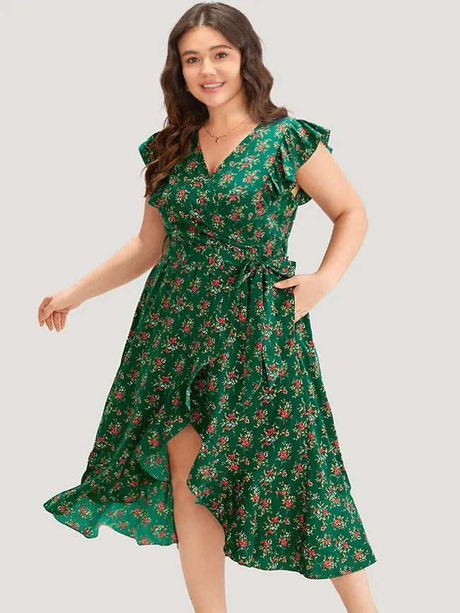 Floral Print Ruffles Pocket Wrap Belted Dress sold by Bloomchic product image thumbnail 2