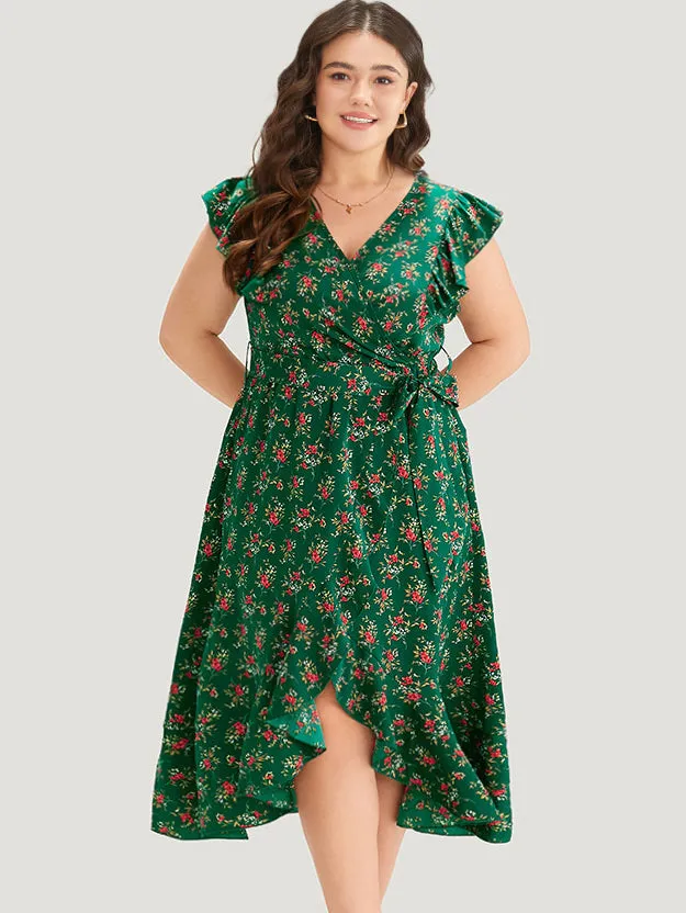 Floral Print Ruffles Pocket Wrap Belted Dress sold by Bloomchic product image thumbnail 3